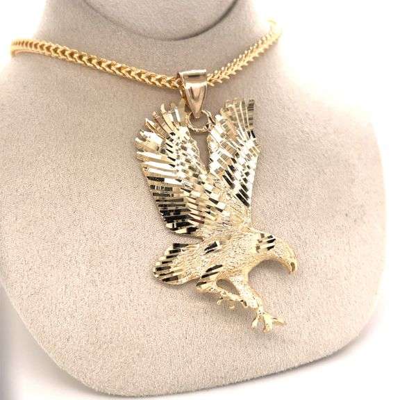14K YELLOW GOLD DIAMOND CUT EAGLE CHARM WITH CHAIN