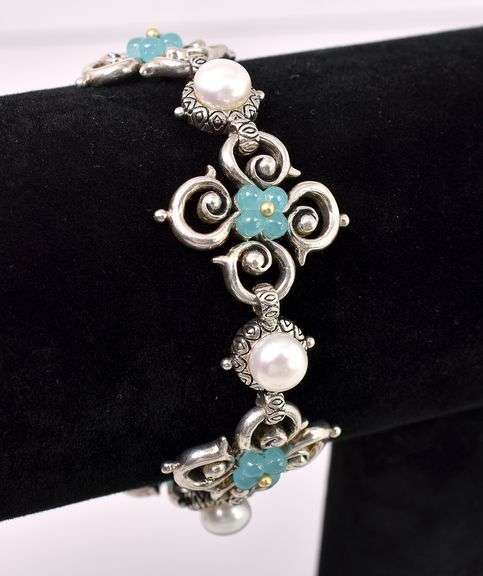 Pearl And Blue Gem Bracelet In Sterling Silver