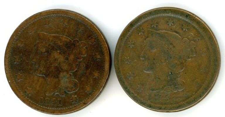 2 Braided Hair Large Cents: 1841 & 1851