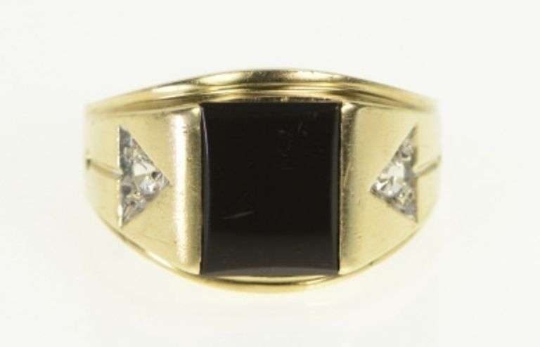 10K Yellow Gold Black Onyx CZ Accent Vintage Retro Statement Ring