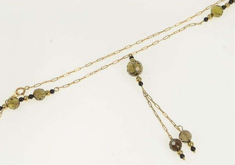 10K Yellow Gold Smoky Quartz Onyx Beaded Fringe Chain Necklace