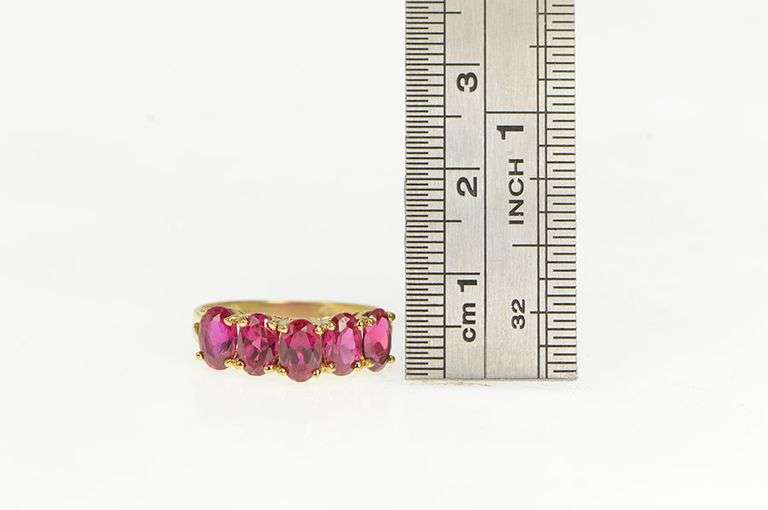 10K Yellow Gold Five Stone Oval Syn. Ruby Vintage Band Ring