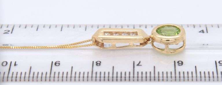 Charming Yellow Gold Peridot and Diamond Pendant on Chain