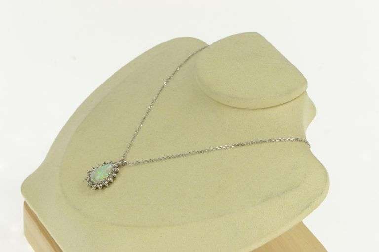 14K White Gold Pear Opal 1.00 Ctw Diamond Halo Statement Pendant