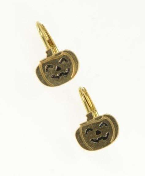 18K Yellow Gold Pumpkin Jack O Lantern Halloween Lever Back Earrings