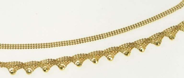18K Yellow Gold Scalloped Mesh Ball Fringe Squared Chain Necklace