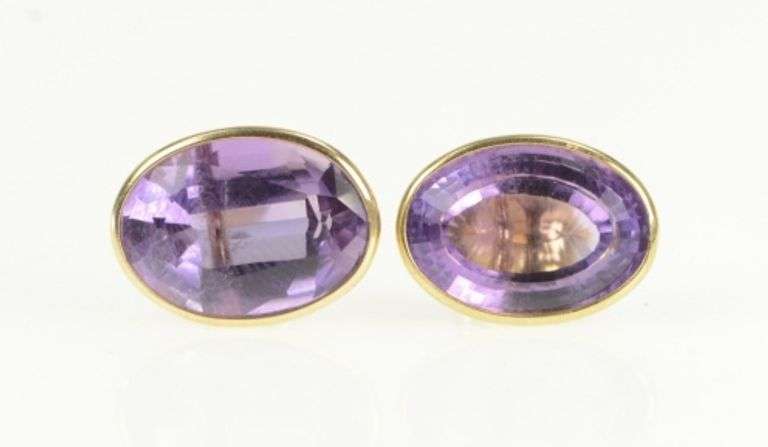 14K Yellow Gold Victorian Inspired Oval Amethyst Vintage Stud Earrings