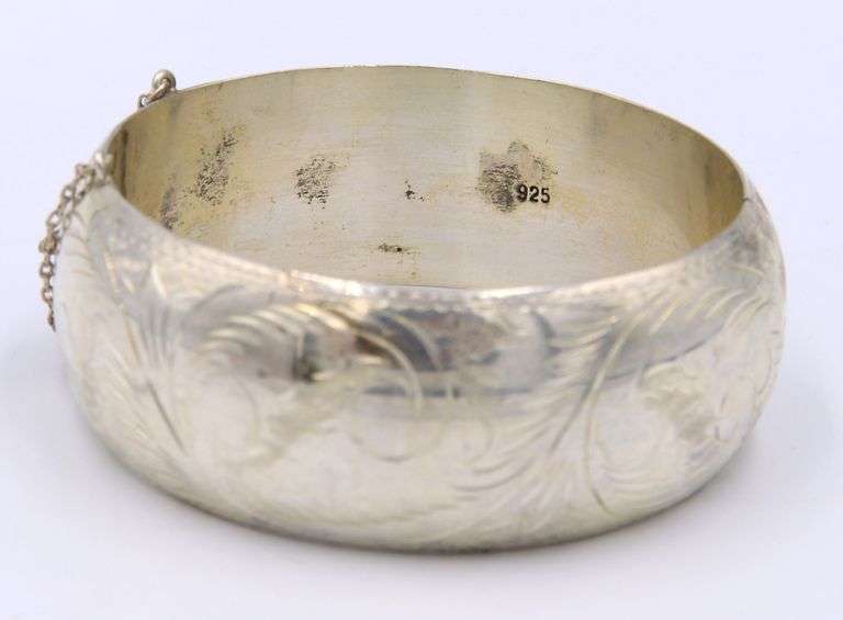 925 Sterling Silver Engraved Floral Pattern Wide Bangle Bracelet
