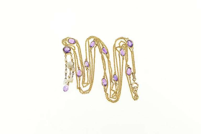 14K Yellow Gold Amethyst Pearl Fringe By The Yard Chain Necklace