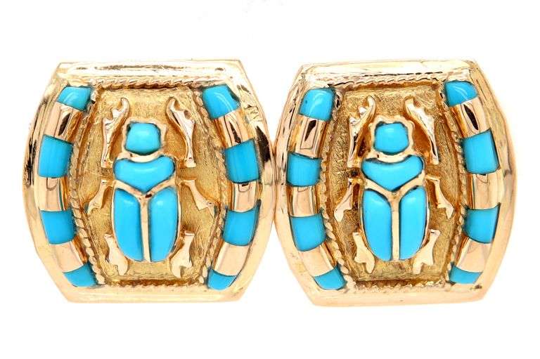 Turquoise Accent Scarab Earrings in 18K