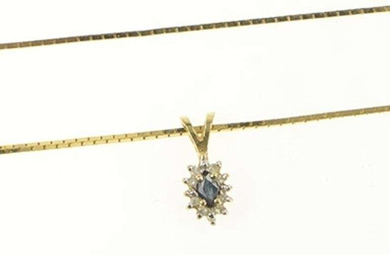 14K Yellow Gold Marquise Sapphire Diamond Halo Square Chain Necklace