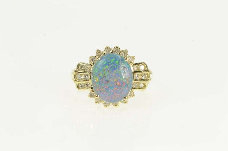 14K Yellow Gold Oval Opal Triplet Diamond Halo Vintage Ring