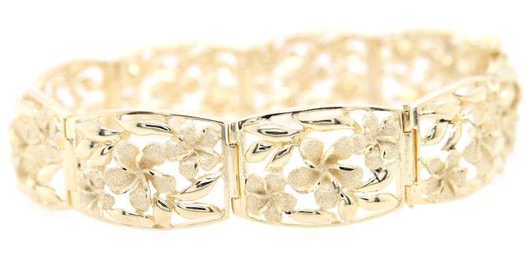 Polished and Satin Finished Plumeria Link Bracelet in 14K