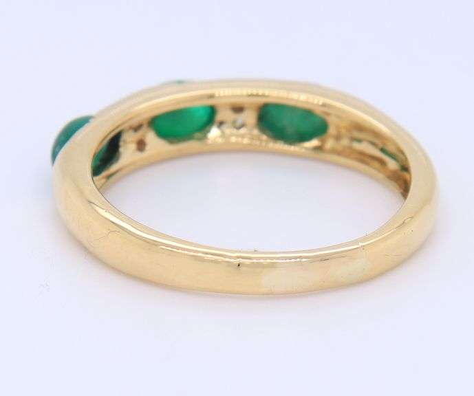 Handsome Yellow Gold oval Emerald Cab and Diamond Accent Ring