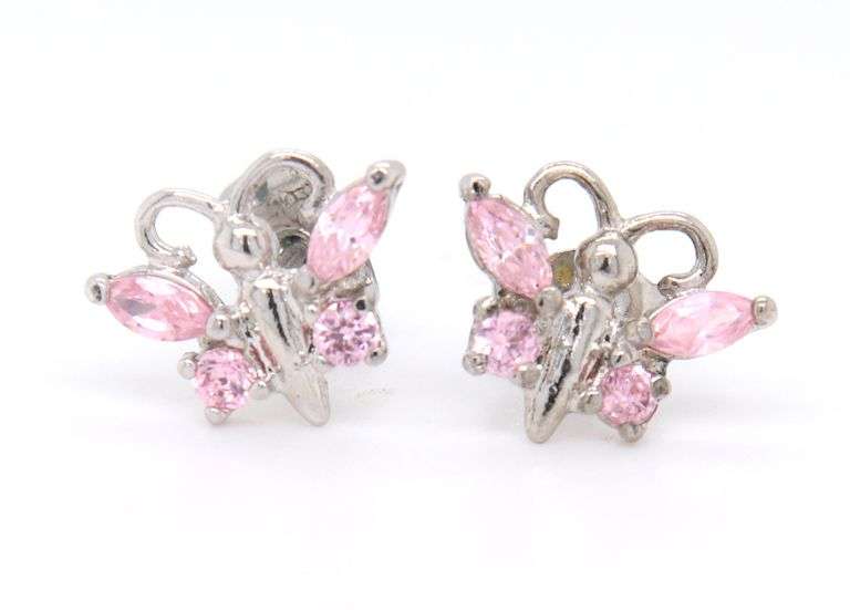 Sterling Silver Pink Cubic Zirconia Butterfly Earrings