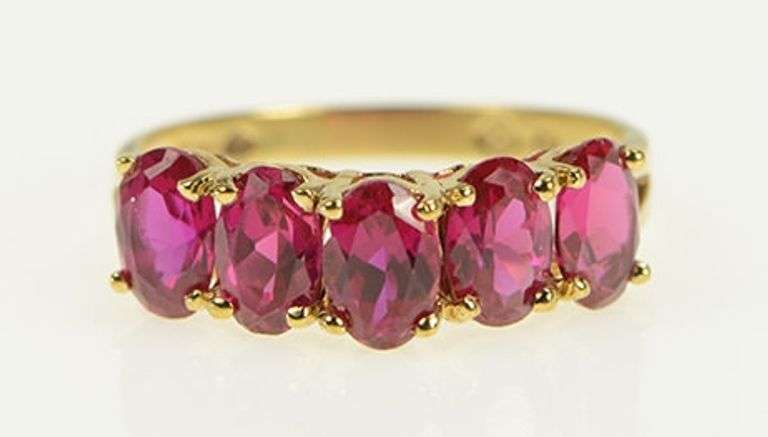10K Yellow Gold Five Stone Oval Syn. Ruby Vintage Band Ring