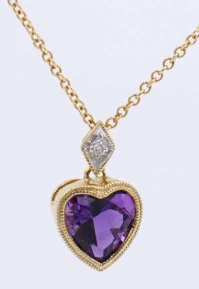 Attractive Heart Amethyst and Diamond Pendant on Chain w Matching Earrings