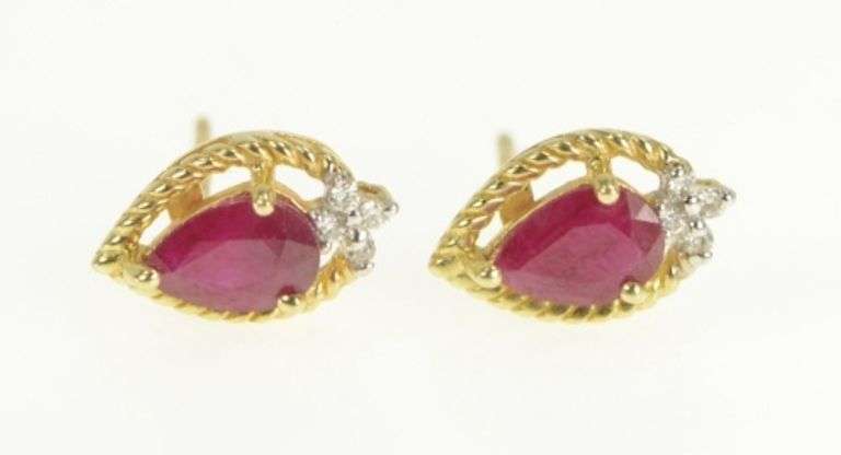 14K Yellow Gold Pear Natural Ruby Diamond Cluster Stud Earrings