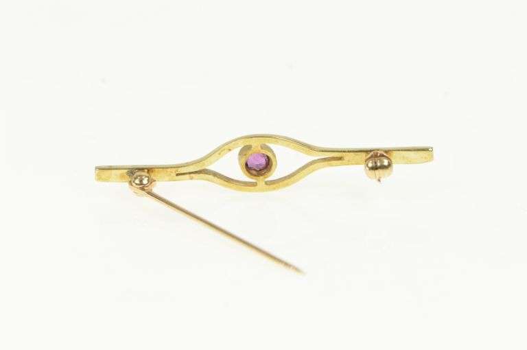 14K Yellow Gold 1960's Ornate Ruby Split Vintage Bar Pin/Brooch