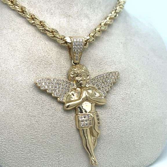 14K YELLOW GOLD ANGEL NECKLACE WITH CUBIC ZIRCONIA STONES