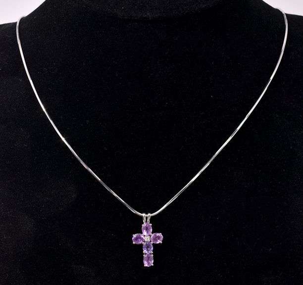 Purple Amethyst Cross Pendant Necklace In Sterling Silver