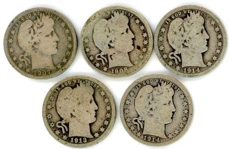 5 Assorted Barber Silver Quarters