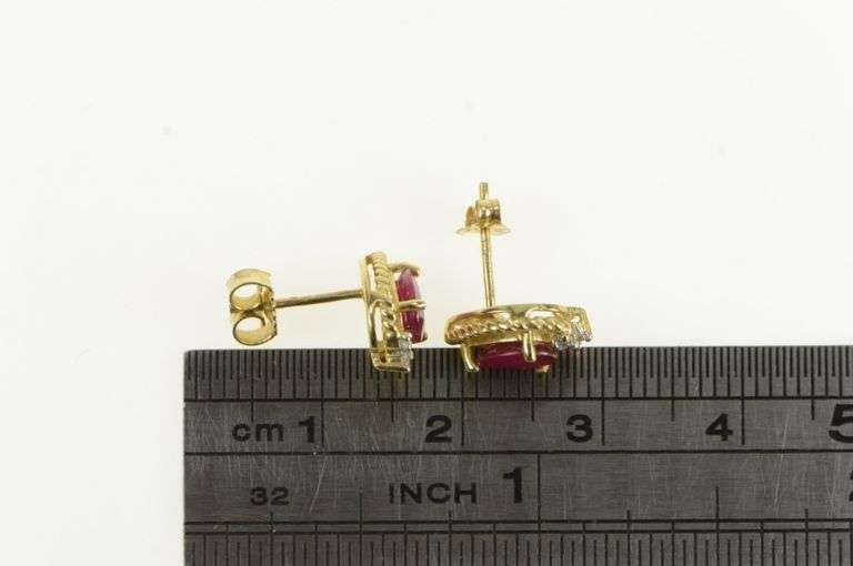 14K Yellow Gold Pear Natural Ruby Diamond Cluster Stud Earrings