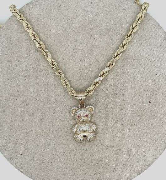 14K YELLOW GOLD SPARKLING BEAR CHARM NECKLACE