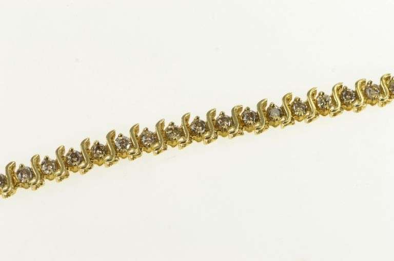 10K Yellow Gold 2.00 Ctw Wavy Link Diamond Classic Tennis Bracelet