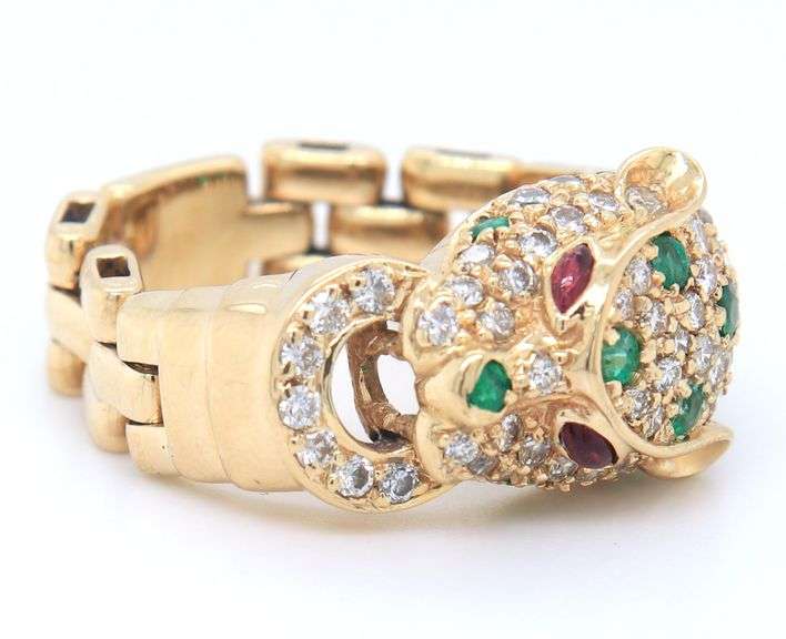 Charming Yellow Gold Emerald, Diamond and Ruby Panther Ring