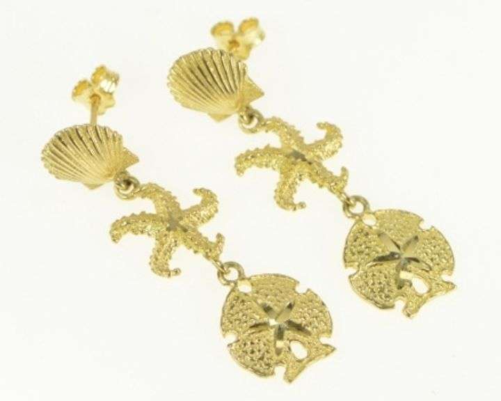 14K Yellow Gold Sea Shell Ocean Beach Motif Star Fish Dangle Earrings