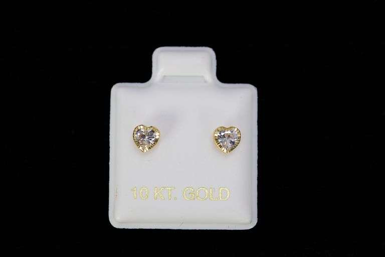 10k Yellow Gold White CZ Diamond-Cut Etched Heart Stud Earrings