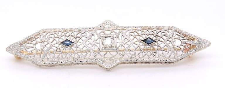 Antique Filagree Diamond and Synthetic Blue Sapphire Brooch