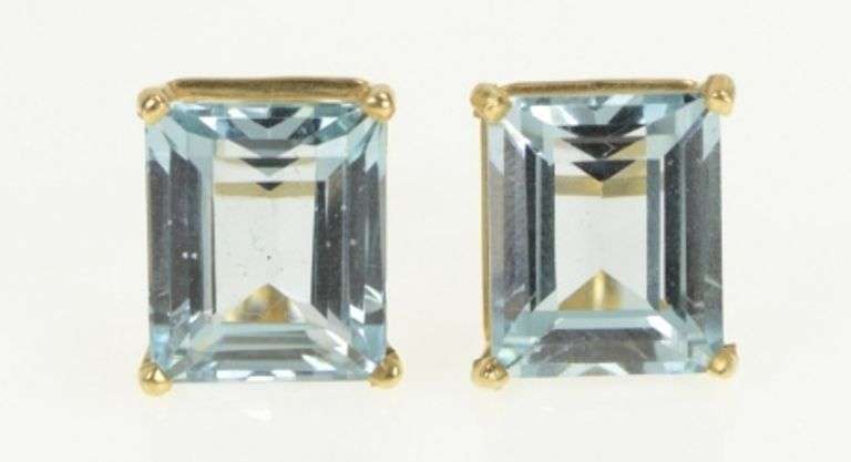 14K Yellow Gold Emerald Cut Topaz Solitaire Vintage Statement Earrings