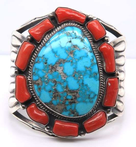 American Indian Najavo Running Bear Turquoise and Coral Cuff