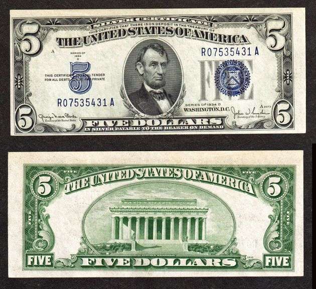 $5 1934-D Silver Certificate Fr. 1654 Gorgeous Blue Seal and SN's Crisp Unc.
