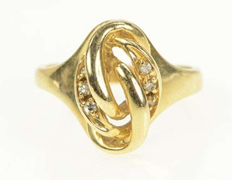 14K Yellow Gold Retro Diamond Swirl Twist Vintage Statement Ring