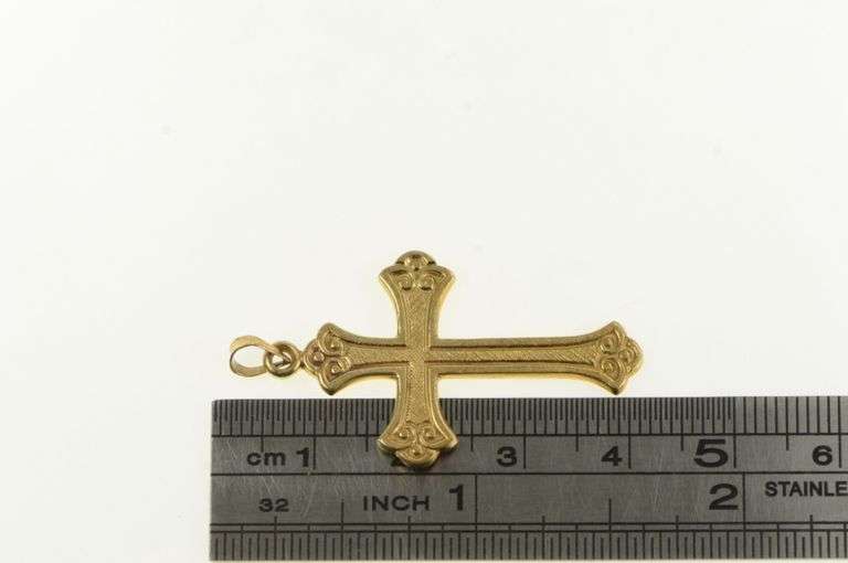 14K Yellow Gold Ornate Cross Scroll Design Faith Symbol Pendant