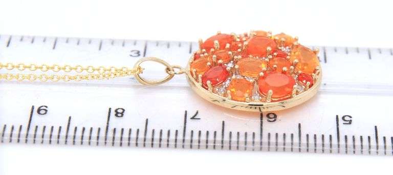 Handsome Yellow Gold Mexican Fire Opal and Diamond Pendant on Chain