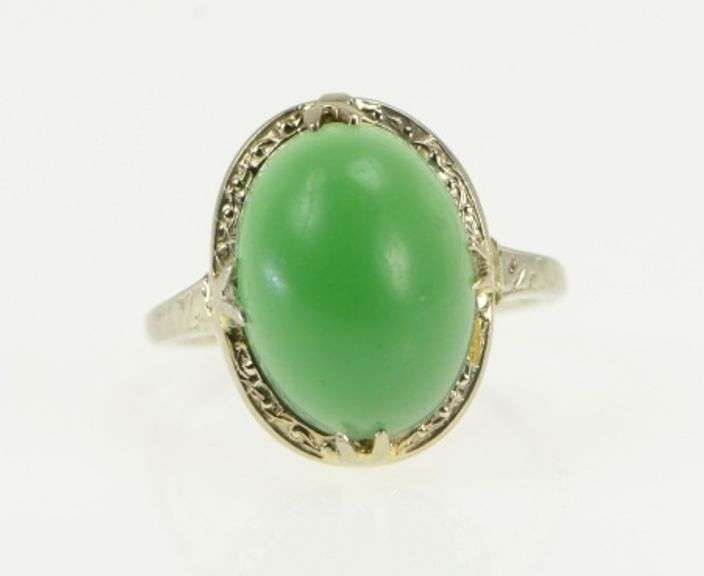 10K White Gold Art Deco Vintage Nephrite Cabochon Statement Ring