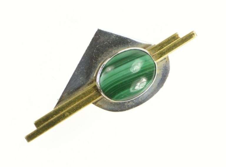 Sterling Silver Modernist Malachite Cabochon Geometric Pin/Brooch