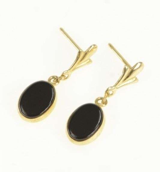 14K Yellow Gold Oval Black Onyx Retro Vintage Dangle Earrings