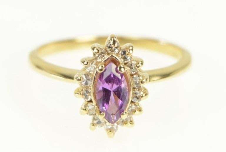 14K Yellow Gold Marquise Amethyst Diamond Halo Vintage Ring