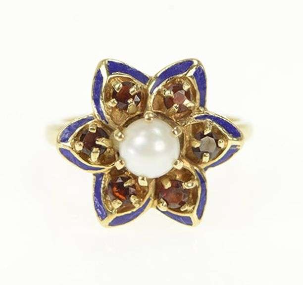 14K Yellow Gold Pearl Garnet Blue Enamel Flower Cocktail Ring