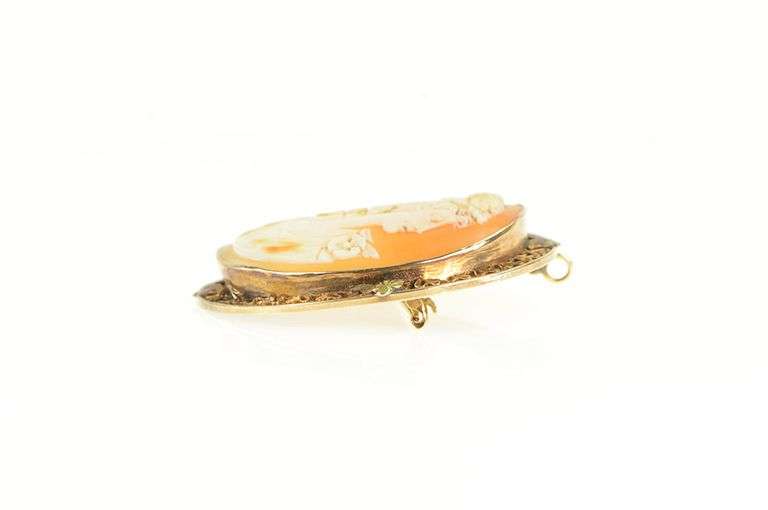 14K Yellow Gold Elaborate Ornate Carved Shell Cameo Lady Pin/Brooch