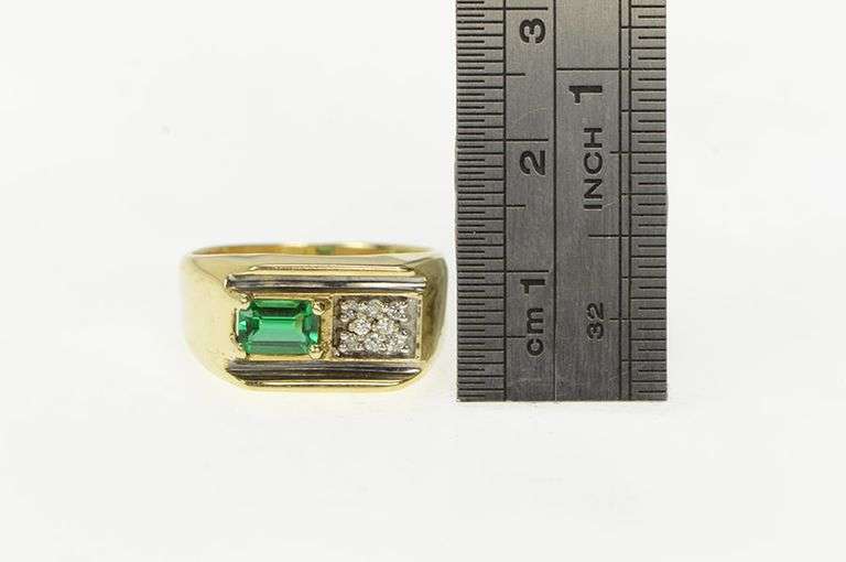 14K Yellow Gold Syn. Emerald Diamond Squared Men's Ring