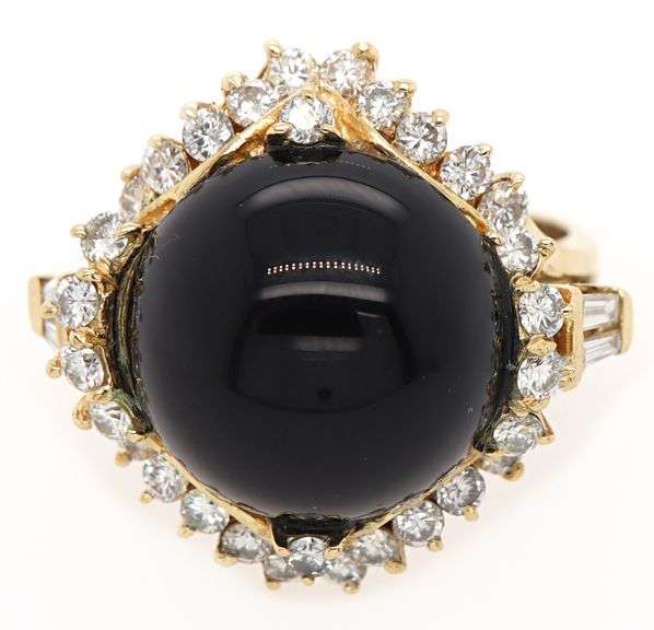 Black Onyx and 1.00ctw Baguette and Round Diamond Frame Ring in 18K
