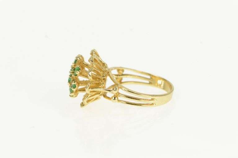 14K Yellow Gold 1960's Emerald Floral Domed Cluster Cocktail Ring
