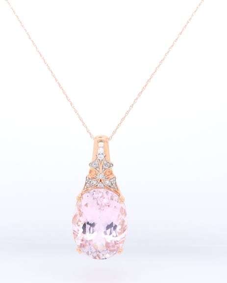 Stunning Rose Gold 15ct Rose De France Quartz and Diamond Pendant on Chain
