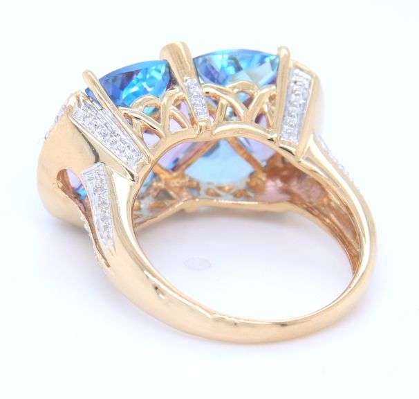 Fantastic Yellow Gold Fancy Cut Blue Topaz, Amethyst and Diamond accent Ring